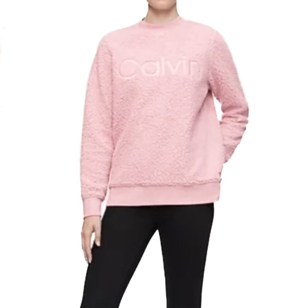 Calvin Klein Teddy Pink Sherpa Performance Sweatshirt Embroidered Logo Sz M NWOT